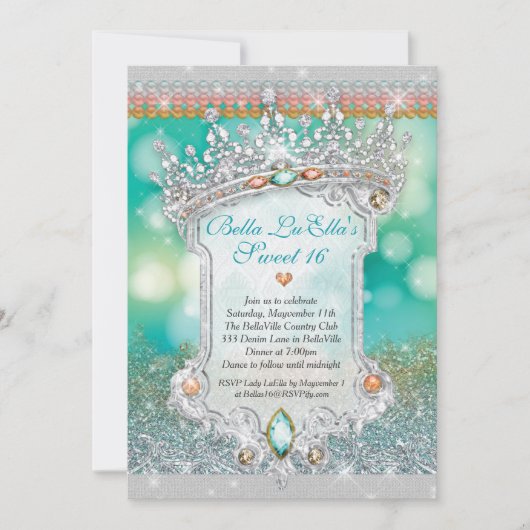 Aqua Glitter Tiara Sweet 16 uitnodiging (Voorkant)