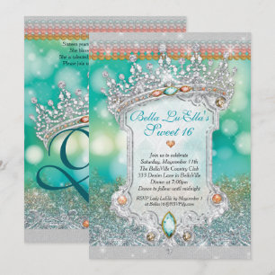 Aqua Glitter Tiara Sweet 16 uitnodiging