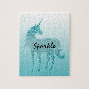 Aqua Glitter Unicorn gepersonaliseerde offerte Legpuzzel