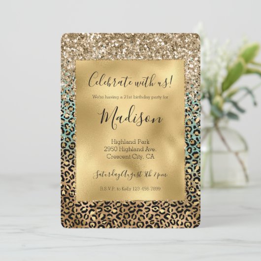 Aqua Glitz Gouden Luipaardprint Glitters Kaart (Staand voorkant)