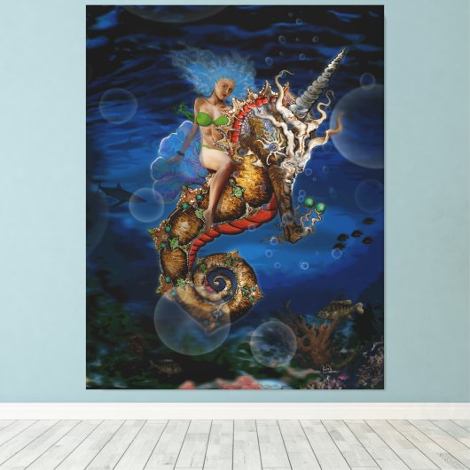 Aqua Godin op Pegasus Eenhoorn Zeepaardje Canvas Afdruk (Insitu (Houten vloer))
