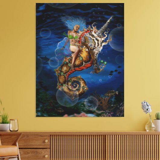 Aqua Godin op Pegasus Eenhoorn Zeepaardje Canvas Afdruk (Insitu (Woonkamer))