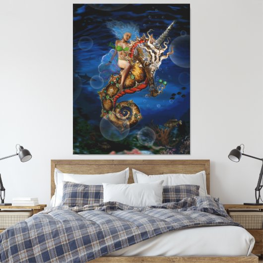 Aqua Godin op Pegasus Eenhoorn Zeepaardje Canvas Afdruk (Insitu (Slaapkamer))