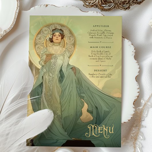 Aqua Gold Art Nouveau Wedding Menu Kaart