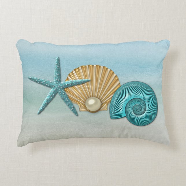 Aqua & Gold Assorted Seashells Beach Accent Kussen (Voorkant)