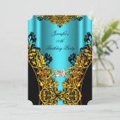 Aqua Gold Black Lace Diamond Birthday Party Kaart (Staand voorkant)