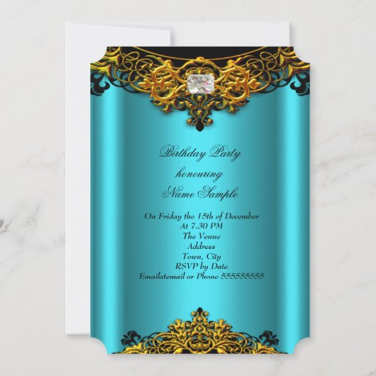 Aqua Gold Black Lace Diamond Birthday Party Kaart (Achterkant)
