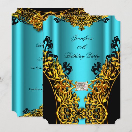 Aqua Gold Black Lace Diamond Birthday Party Kaart (Voorkant / Achterkant)