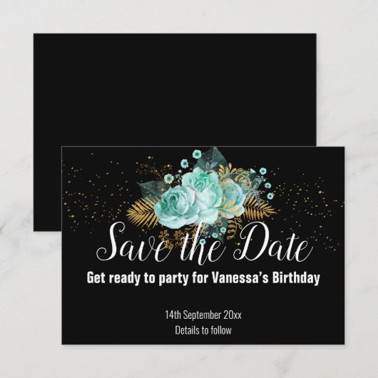 AQUA GOLD BLOEMENBOeket ZWART SAVE THE DATE RSVP Kaartje (Voorkant / Achterkant)