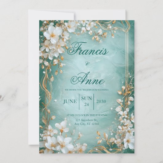 Aqua Gold Blossom Huwelijksuitnodiging Kaart (Voorkant)