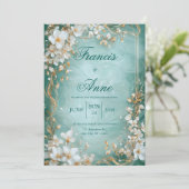 Aqua Gold Blossom Huwelijksuitnodiging Kaart (Staand voorkant)