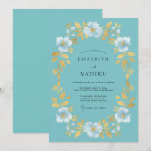 Aqua Gold Botanische Bruiloft Kaart (Voorkant / Achterkant)