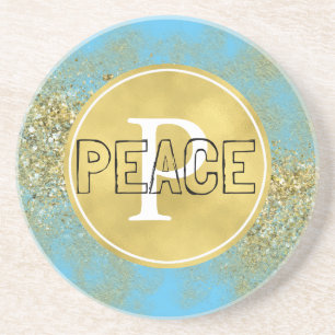 Aqua Gold Faux Glitter Peace Monogram Zandsteen Onderzetter