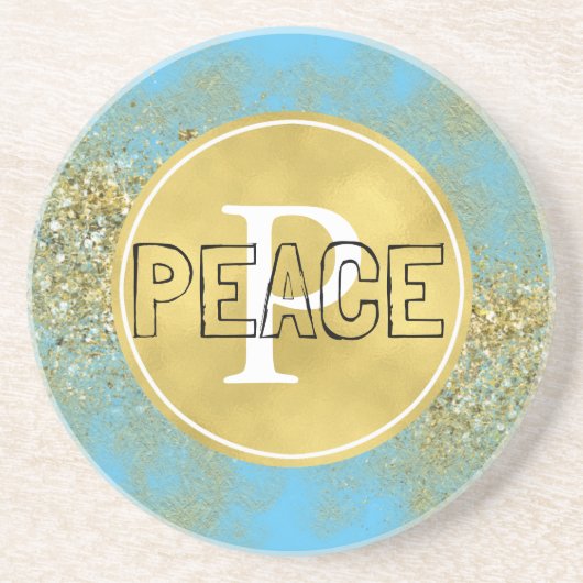 Aqua Gold Faux Glitter Peace Monogram Zandsteen Onderzetter (Voorkant)