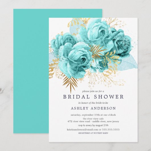 Aqua & Gold Floral Vrijgezellenfeest Kaart (Voorkant / Achterkant)