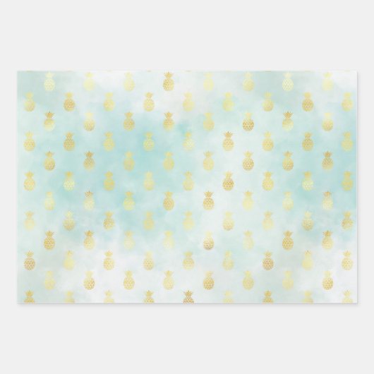Aqua Gold Glam Tropische anananassen Inpakpapier Vel (Voorkant)
