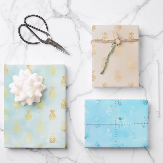 Aqua Gold Glam Tropische anananassen Inpakpapier Vel (Voorkant)