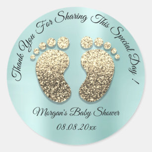 Aqua Gold Glitter Feet Baby shower Favor Dank Ronde Sticker