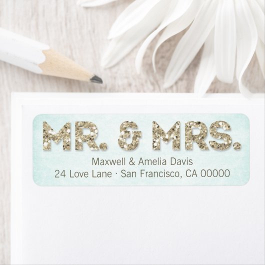 Aqua & Gold Glitter Look Mr. & Mrs. Large Etiket (Insitu)