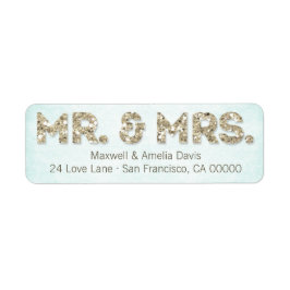 Aqua & Gold Glitter Look Mr. & Mrs. Large Etiket