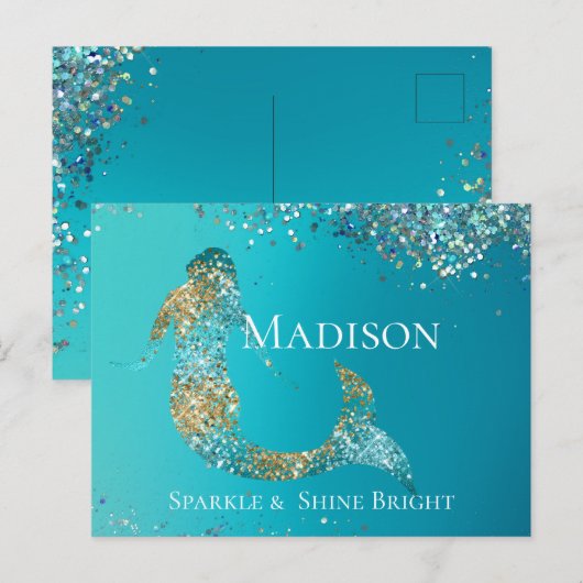 Aqua Gold Glitter Sparkle Mermaid Briefkaart (Voorkant / Achterkant)