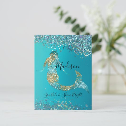 Aqua Gold Glitter Sparkle Mermaid Briefkaart (Staand voorkant)