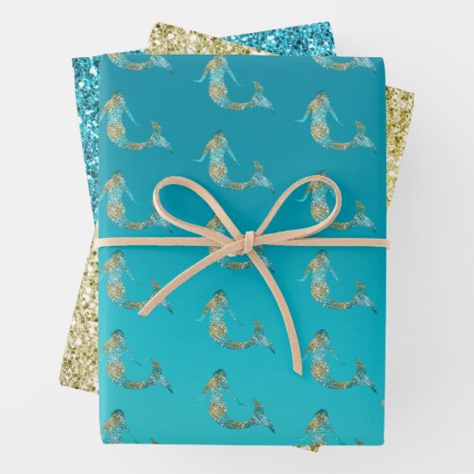 Aqua Gold Glitter Sparkle Mermaid Inpakpapier Vel (In situ)