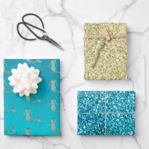Aqua Gold Glitter Sparkle Mermaid Inpakpapier Vel