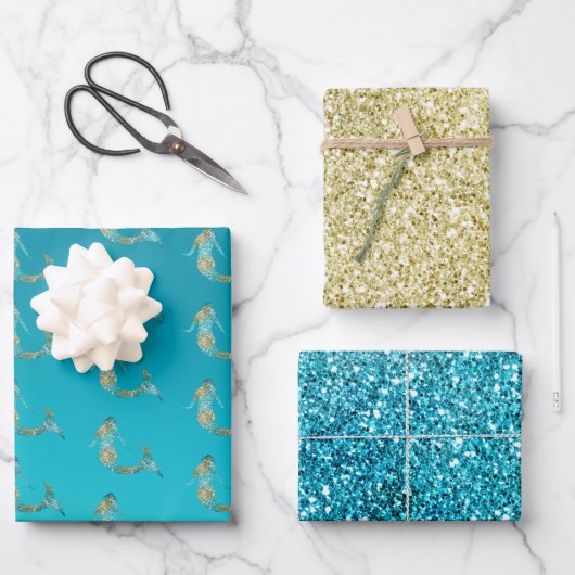 Aqua Gold Glitter Sparkle Mermaid Inpakpapier Vel (Voorkant)