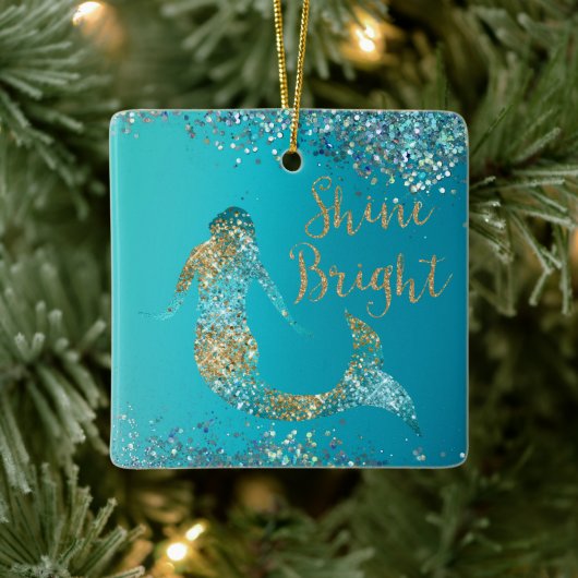 Aqua Gold Glitter Sparkle Mermaid Keramisch Ornament (Boom)