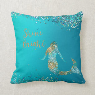 Aqua Gold Glitter Sparkle Mermaid  Kussen