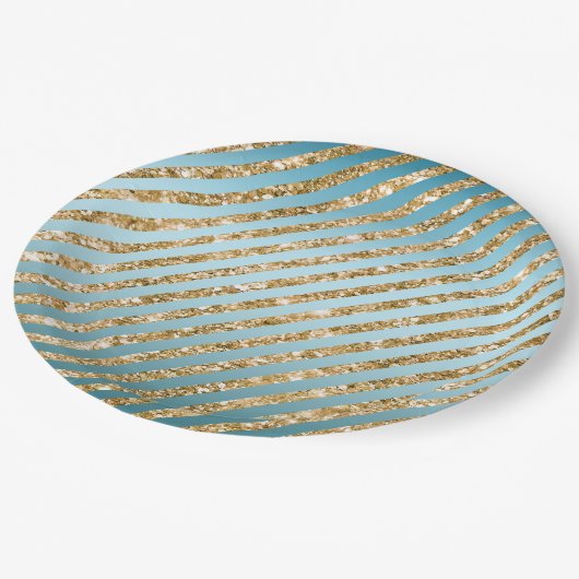 Aqua Gold Glitter Stripes Papieren Bordje (Gekanteld)