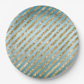 Aqua Gold Glitter Stripes Papieren Bordje (Voorkant)