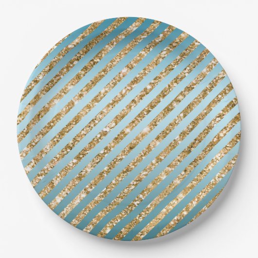 Aqua Gold Glitter Stripes Papieren Bordje (Voorkant)