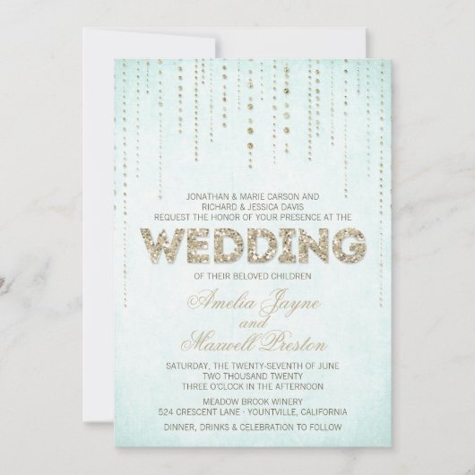 Aqua & Gold Glitter Watch Wedding Invitation Kaart (Voorkant)