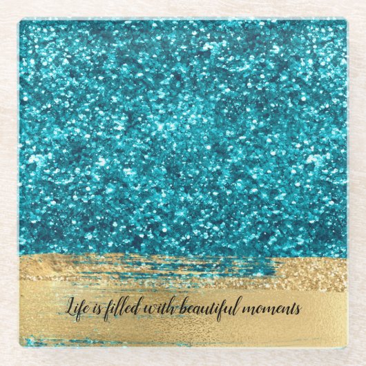 Aqua Gold Glitzy Glitter Glazen Onderzetter (Voorkant)