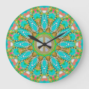 Aqua Gold Groovy Fractal Pareltjes Peace Mandala Grote Klok