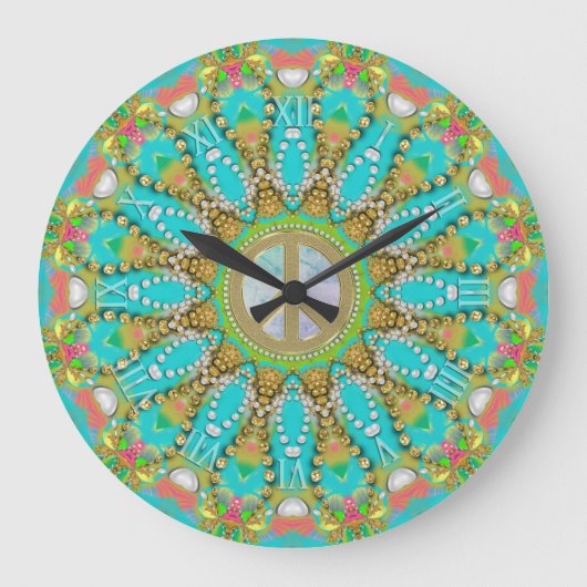 Aqua Gold Groovy Fractal Pareltjes Peace Mandala Grote Klok (Voorkant)