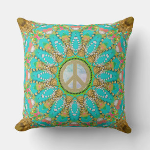 Aqua Gold Groovy Glam Peace Mandala Buitenkussen