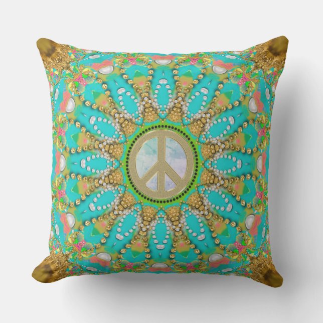 Aqua Gold Groovy Glam Peace Mandala Buitenkussen (Voorkant)