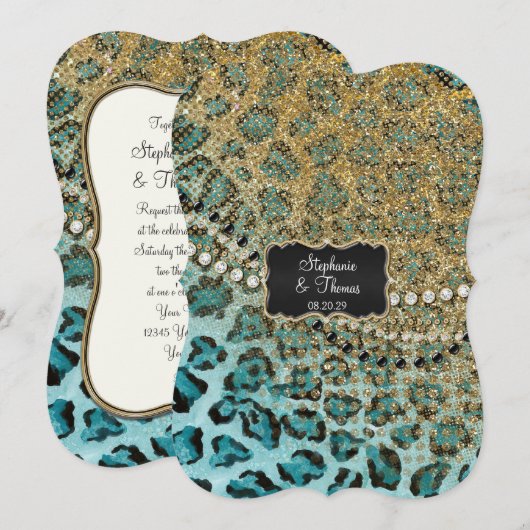 Aqua Gold Leopard Dierenprint Glitter Bruiloft Kaart (Voorkant / Achterkant)