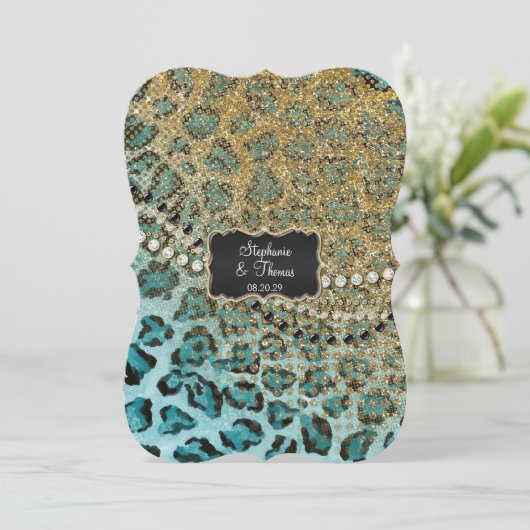 Aqua Gold Leopard Dierenprint Glitter Bruiloft Kaart (Staand voorkant)