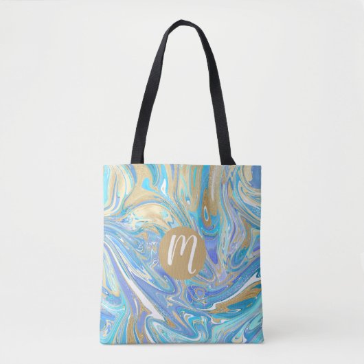 Aqua & Gold Liquid Marble Monogram Tote Bag (Voorkant)