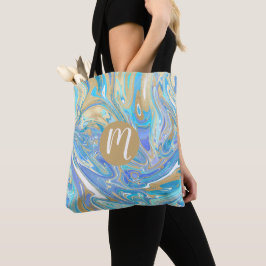 Aqua & Gold Liquid Marble Monogram Tote Bag