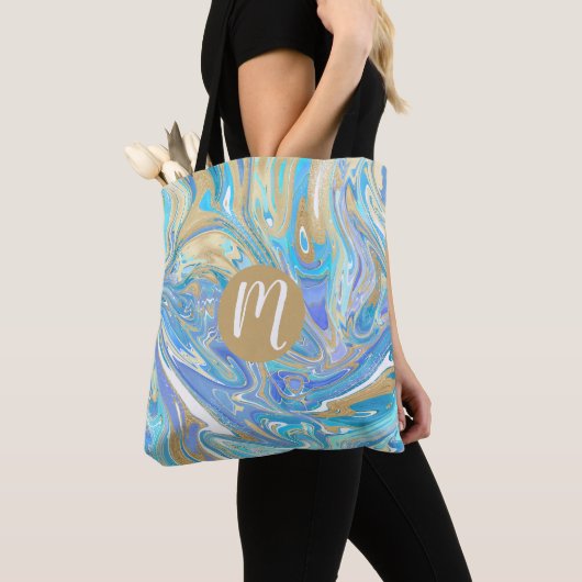 Aqua & Gold Liquid Marble Monogram Tote Bag (Dichtbij)