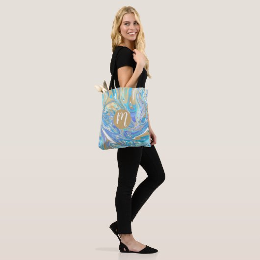Aqua & Gold Liquid Marble Monogram Tote Bag (Op model)