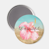 Aqua Gold Marble Roze Waterverf Hibiscusbloem Magneet (Voorkant / Achterkant)