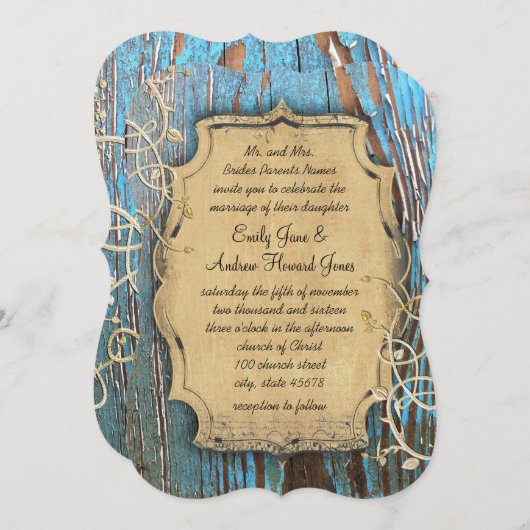  Aqua Gold Old Barn Wood Vine Swirl Weddenschap Kaart (Voorkant / Achterkant)