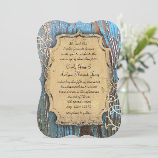 Aqua Gold Old Barn Wood Vine Swirl Weddenschap Kaart (Staand voorkant)