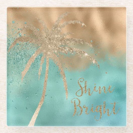 Aqua Gold Palm Shine Bright Glitter Glazen Onderzetter (Voorkant)